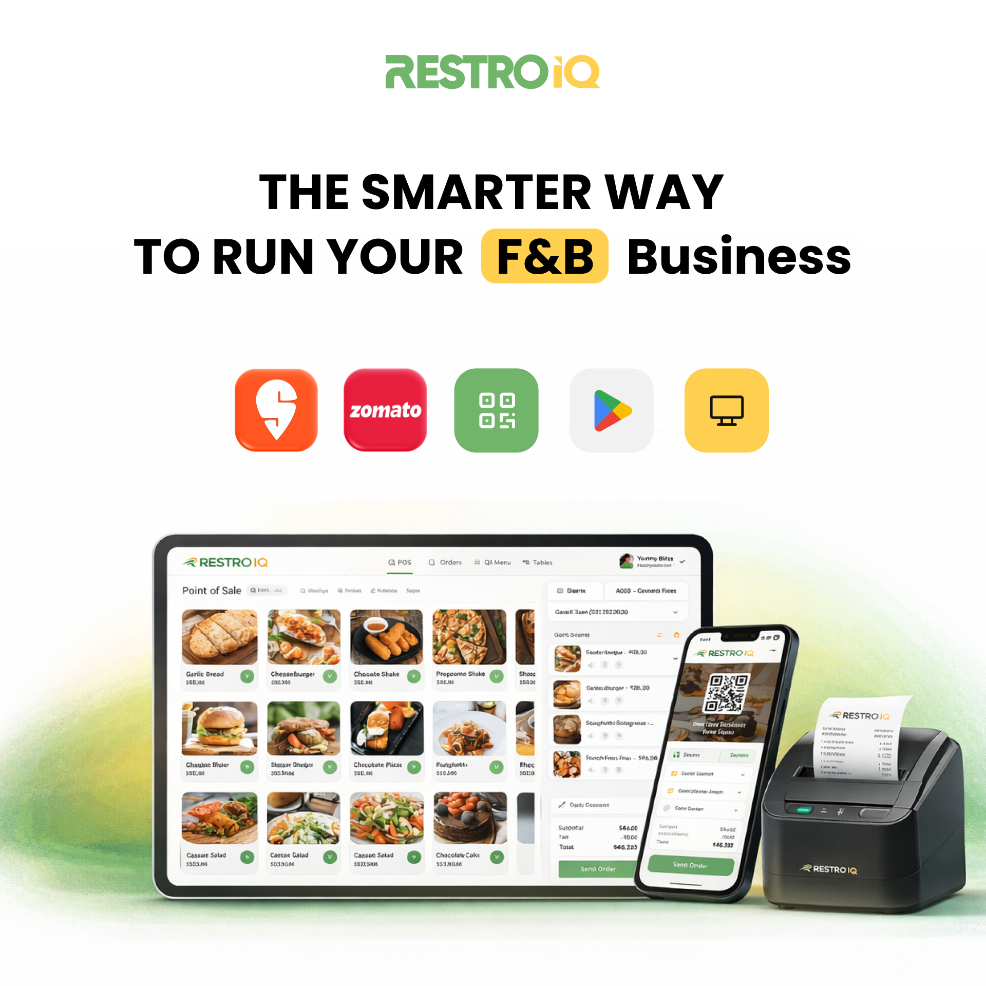 RestroIQ restaurant POS and billing software on tablet, phone and printer with Swiggy, Zomato and QR ordering