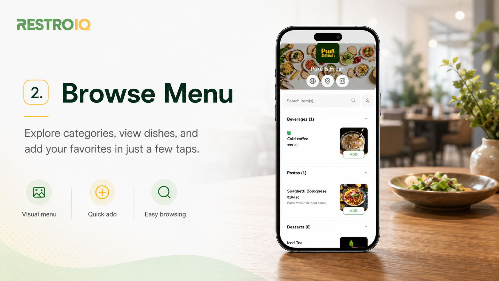 Step 2 — Browse the RestroIQ digital menu, view dishes and add favourites in a few taps