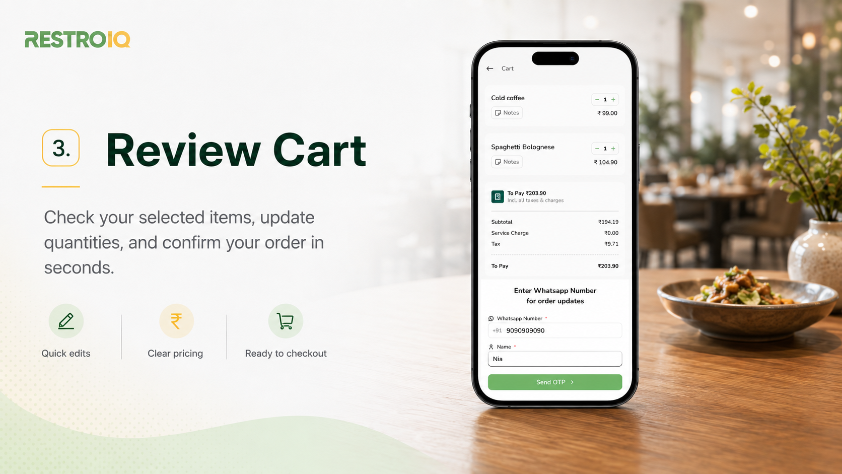 Step 3 — Review the cart, update quantities and confirm the order with clear pricing in RestroIQ