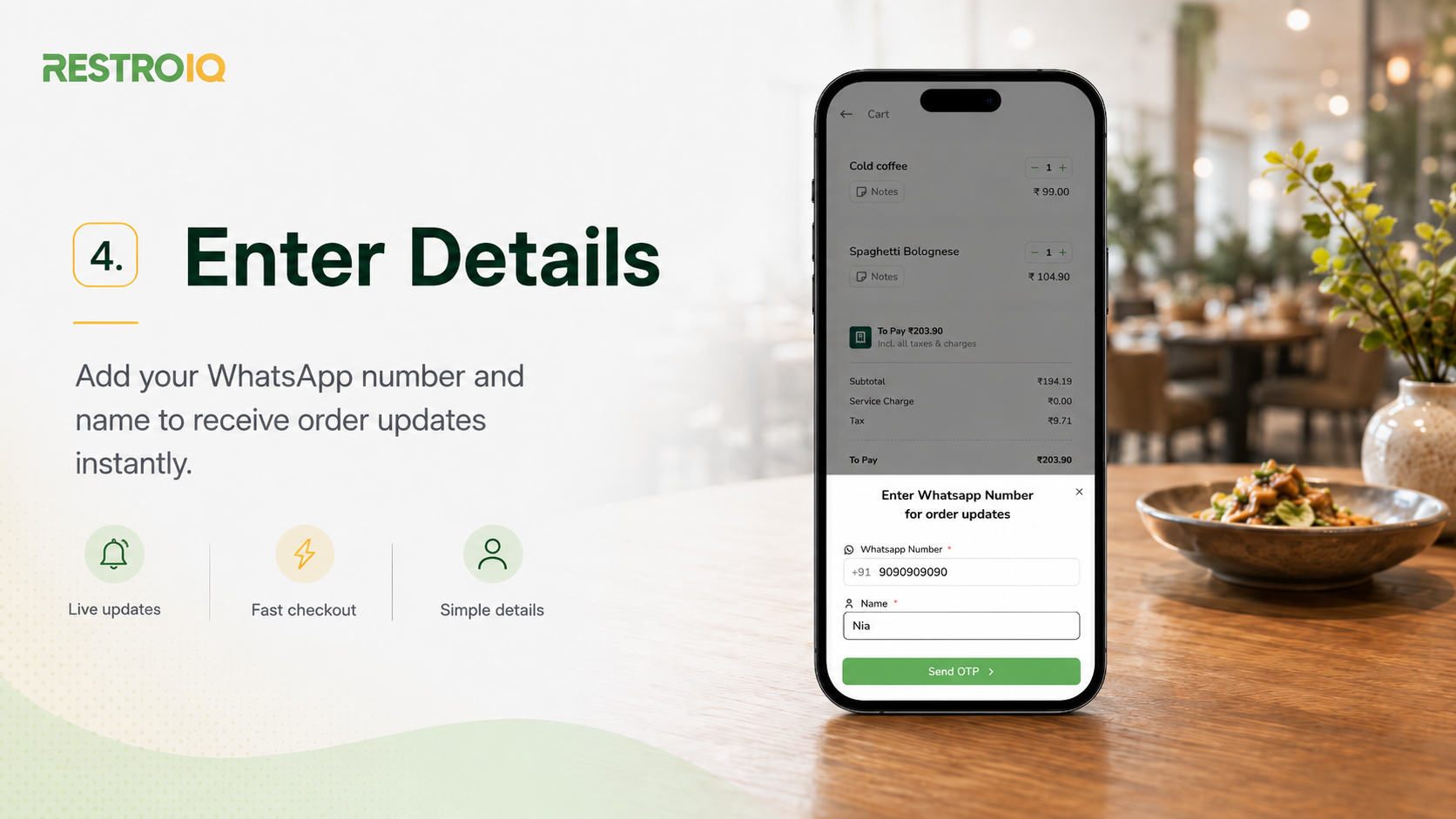 Step 4 — Enter WhatsApp number and name to receive live order updates from RestroIQ