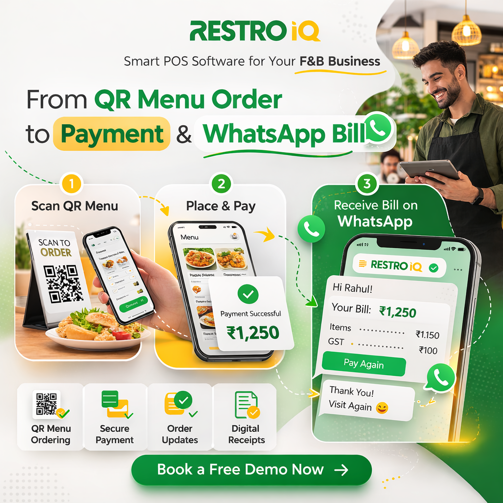 RestroIQ QR self-ordering flow: scan the QR menu, pay, and receive the bill on WhatsApp