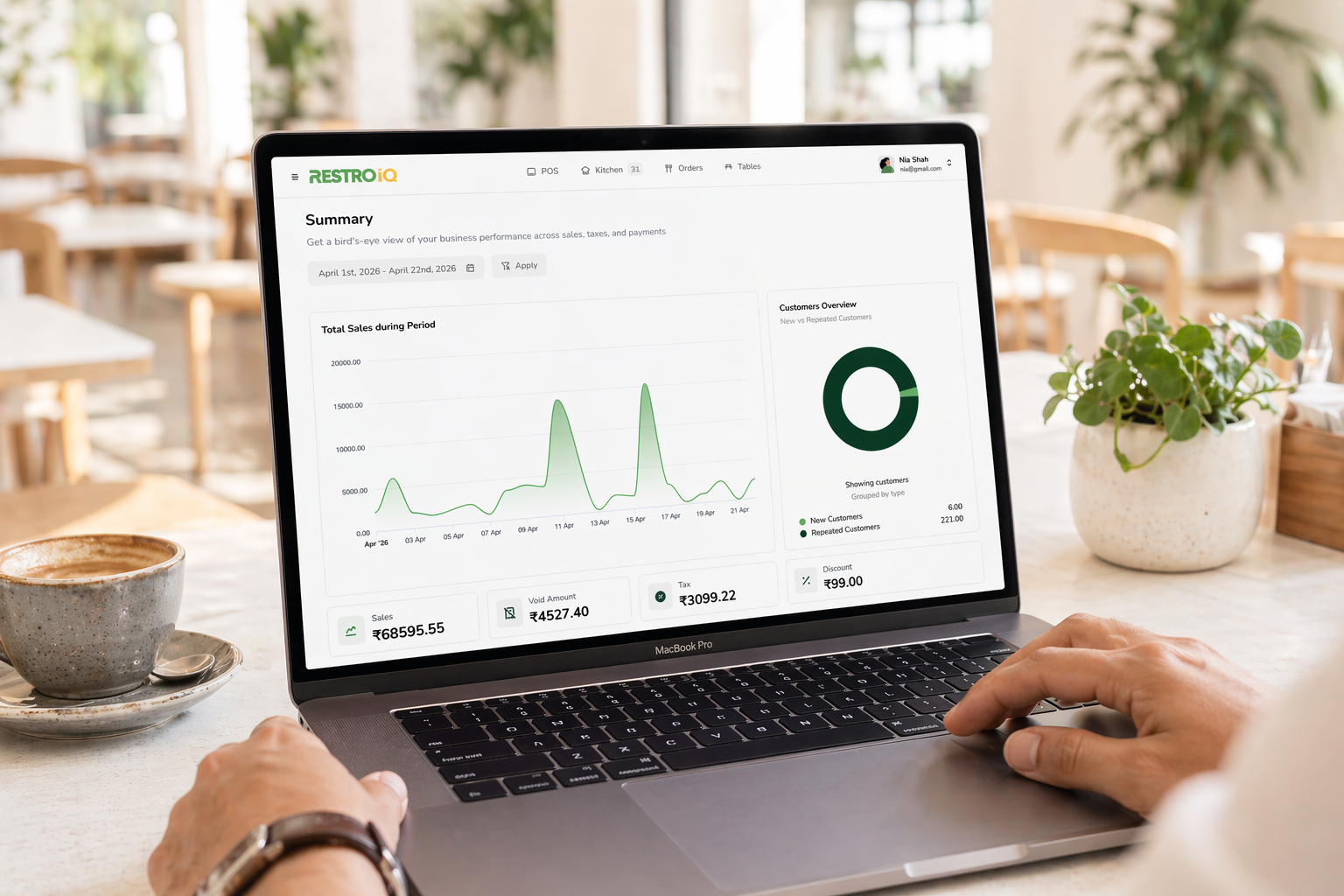 RestroIQ restaurant POS analytics and reports dashboard on a laptop, showing the depth that earns restaurant owners’ trust