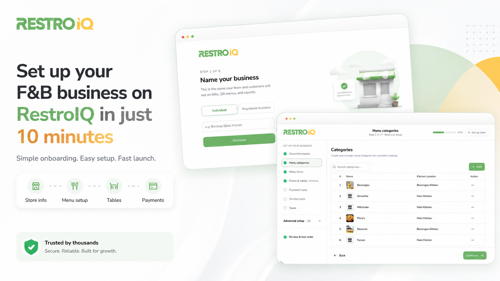 Set up your F&B business on RestroIQ in just 10 minutes — the self-serve signup wizard (Step 1: name your business) and the guided setup with store info, menu categories, tables and payments.